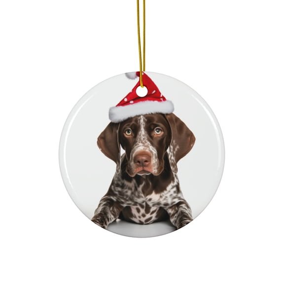 DistinctInk Hanging Ceramic Christmas Tree Ornament with Gold String - Great Gift/Present - 2 3/4 inch Diameter - German Shorthaired Pointer Puppy Design