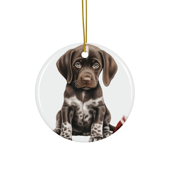 DistinctInk Hanging Ceramic Christmas Tree Ornament with Gold String - Great Gift/Present - 2 3/4 inch Diameter - German Shorthaired Pointer Puppy Drawing Design