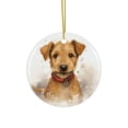 thumbnail image 1 of DistinctInk Hanging Ceramic Christmas Tree Ornament with Gold String - Great Gift/Present - 2 3/4 inch Diameter - Lakeland Terrier Puppy Drawing Design, 1 of 4