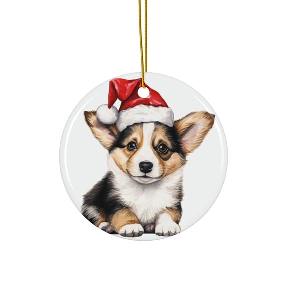 DistinctInk Hanging Ceramic Christmas Tree Ornament with Gold String - Great Gift/Present - 2 3/4 inch Diameter - Pembroke Welsh Corgi Puppy Drawing Design