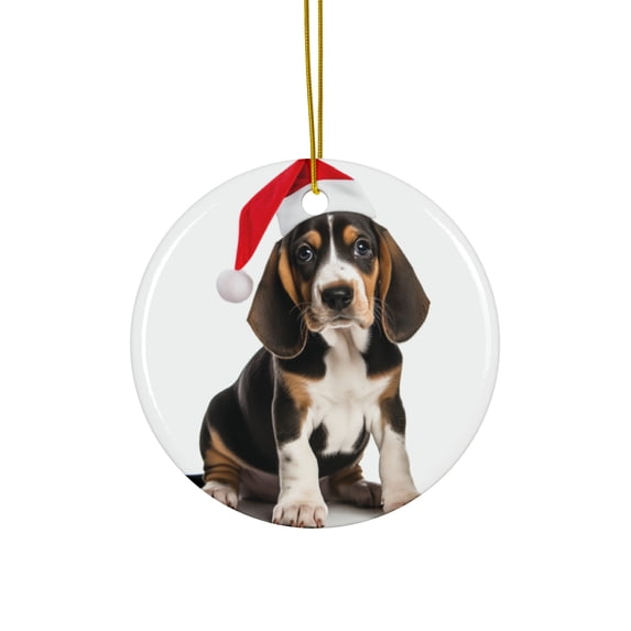 DistinctInk Hanging Ceramic Christmas Tree Ornament with Gold String - Great Gift/Present - 2 3/4 inch Diameter - Treeing Walker Coonhound Puppy Design