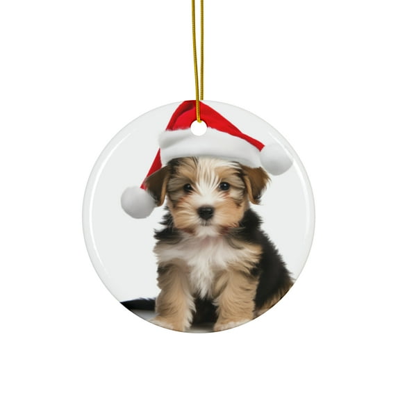 DistinctInk Hanging Ceramic Christmas Tree Ornament with Gold String - Great Gift/Present - 2 3/4 inch Diameter - Biewer Terrier Puppy Design
