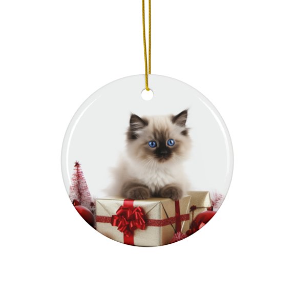 DistinctInk Hanging Ceramic Christmas Tree Ornament with Gold String - Great Gift/Present - 2 3/4 inch Diameter - Birman Kitten Design