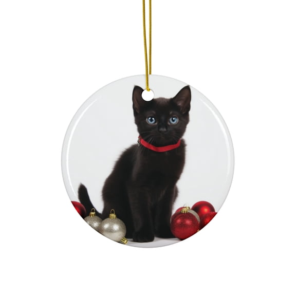 DistinctInk Hanging Ceramic Christmas Tree Ornament with Gold String - Great Gift/Present - 2 3/4 inch Diameter - Bombay Kitten Design