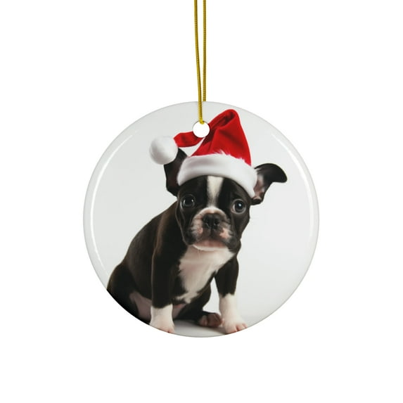 DistinctInk Hanging Ceramic Christmas Tree Ornament with Gold String - Great Gift/Present - 2 3/4 inch Diameter - Boston Terrier Puppy Design