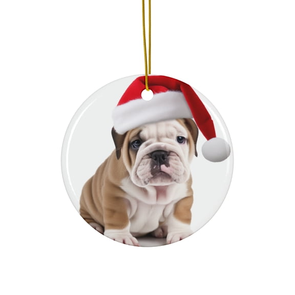 DistinctInk Hanging Ceramic Christmas Tree Ornament with Gold String - Great Gift/Present - 2 3/4 inch Diameter - Bulldog Puppy Design