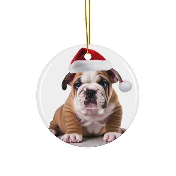 DistinctInk Hanging Ceramic Christmas Tree Ornament with Gold String - Great Gift/Present - 2 3/4 inch Diameter - Bulldog Puppy Design