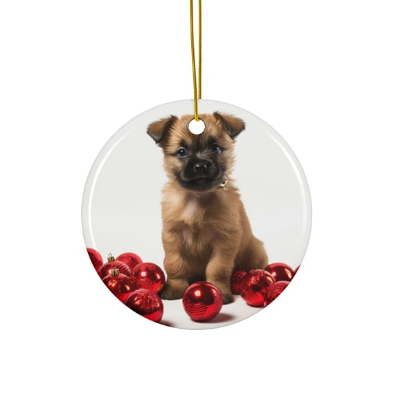 DistinctInk Hanging Ceramic Christmas Tree Ornament with Gold String - Great Gift/Present - 2 3/4 inch Diameter - Cairn Terrier Puppy Design
