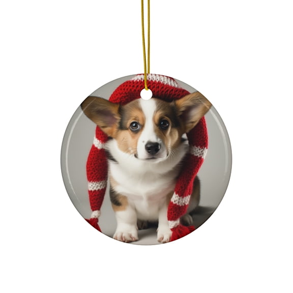 DistinctInk Hanging Ceramic Christmas Tree Ornament with Gold String - Great Gift/Present - 2 3/4 inch Diameter - Cardigan Welsh Corgi Puppy Design