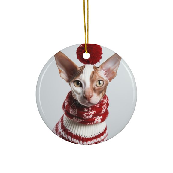 DistinctInk Hanging Ceramic Christmas Tree Ornament with Gold String - Great Gift/Present - 2 3/4 inch Diameter - Cornish Rex Cat Design