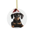 thumbnail image 1 of DistinctInk Hanging Ceramic Christmas Tree Ornament with Gold String - Great Gift/Present - 2 3/4 inch Diameter - Doberman Pinscher Puppy Design, 1 of 1
