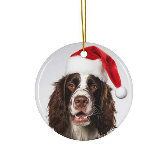 DistinctInk Hanging Ceramic Christmas Tree Ornament with Gold String - Great Gift/Present - 2 3/4 inch Diameter - English Springer Spaniel Design