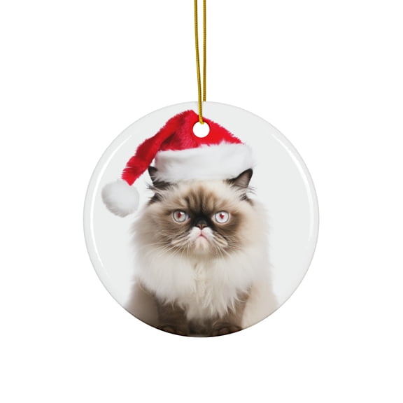 DistinctInk Hanging Ceramic Christmas Tree Ornament with Gold String - Great Gift/Present - 2 3/4 inch Diameter - Himalayan Cat Design