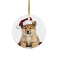 thumbnail image 1 of DistinctInk Hanging Ceramic Christmas Tree Ornament with Gold String - Great Gift/Present - 2 3/4 inch Diameter - Icelandic Sheepdog Puppy Design, 1 of 4