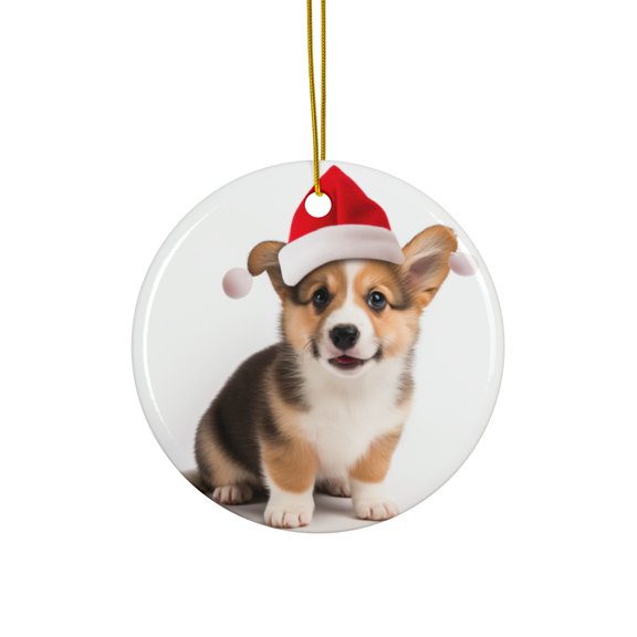 DistinctInk Hanging Ceramic Christmas Tree Ornament with Gold String - Great Gift/Present - 2 3/4 inch Diameter - Pembroke Welsh Corgi Puppy Design