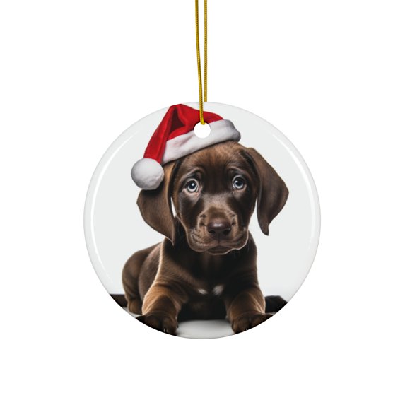 DistinctInk Hanging Ceramic Christmas Tree Ornament with Gold String - Great Gift/Present - 2 3/4 inch Diameter - Plott Hound Puppy Design