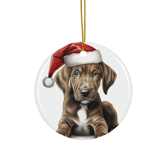 DistinctInk Hanging Ceramic Christmas Ornament - Plott Hound Puppy Drawing - Gold String, 2-3/4 inch Diameter