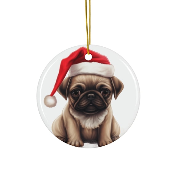 DistinctInk Hanging Ceramic Christmas Tree Ornament with Gold String - Great Gift/Present - 2 3/4 inch Diameter - Pug Puppy Drawing Design