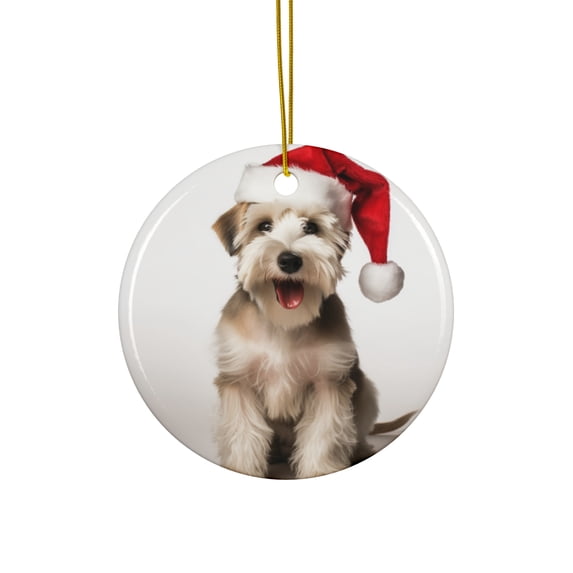 DistinctInk Hanging Ceramic Christmas Tree Ornament with Gold String - Great Gift/Present - 2 3/4 inch Diameter - Sealyham Terrier Design