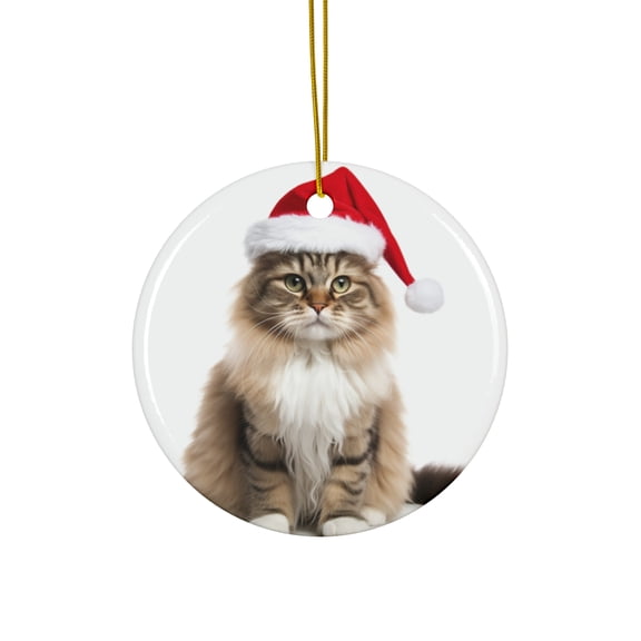 DistinctInk Hanging Ceramic Christmas Tree Ornament with Gold String - Great Gift/Present - 2 3/4 inch Diameter - Siberian Cat Design