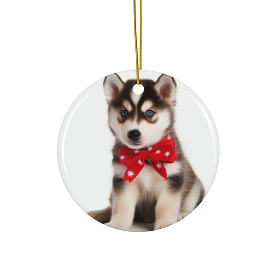 DistinctInk Hanging Ceramic Christmas Tree Ornament with Gold String - Great Gift/Present - 2 3/4 inch Diameter - Siberian Huskie Puppy Design