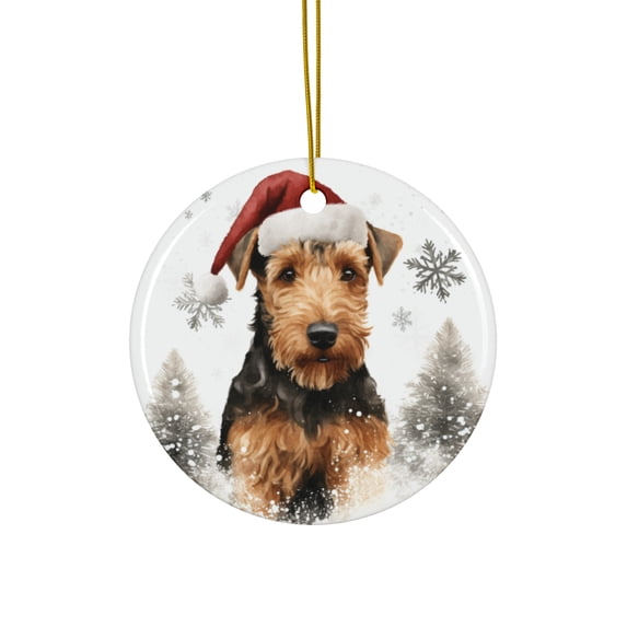 DistinctInk Hanging Ceramic Christmas Tree Ornament with Gold String - Great Gift/Present - 2 3/4 inch Diameter - Welsh Terrier Design