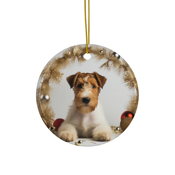 DistinctInk Hanging Ceramic Christmas Tree Ornament with Gold String - Great Gift/Present - 2 3/4 inch Diameter - Wire Fox Terrier Puppy Design