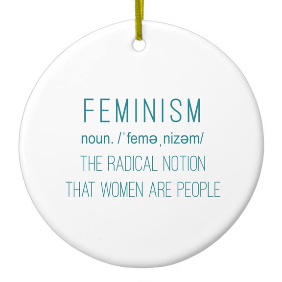 DistinctInk Hanging Ceramic Christmas Ornament - Feminism Definition Women Are People - Gold String, 2-3/4 inch Diameter
