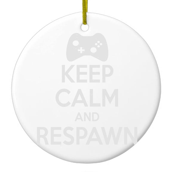 DistinctInk Hanging Ceramic Christmas Ornament - Keep Calm and Respawn Gamer Video Games - Gold String, 2-3/4 inch Diameter