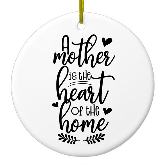 DistinctInk Hanging Ceramic Christmass Tree Ornament with Gold String - Great Gift / Present - 2 3/4 inch diameter - A Mother is the Heart of the Home