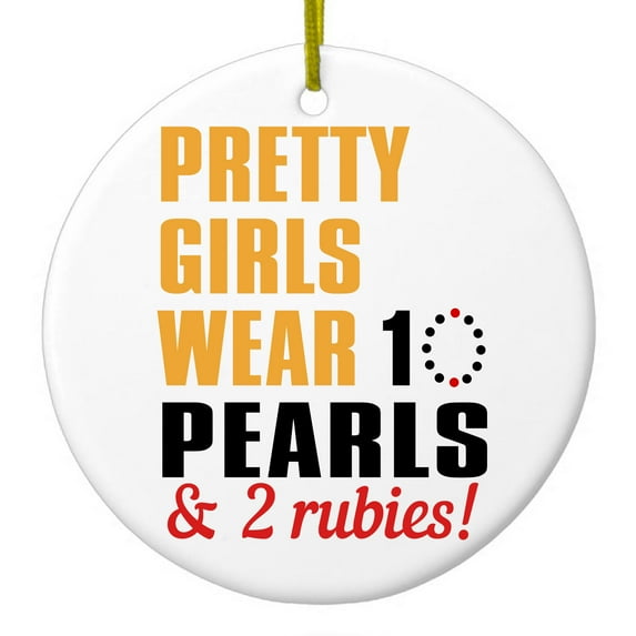 DistinctInk Hanging Ceramic Christmas Ornament - Pretty Girls Wear 10 Pearls 2 Rubies - Gold String, 2-3/4 inch Diameter