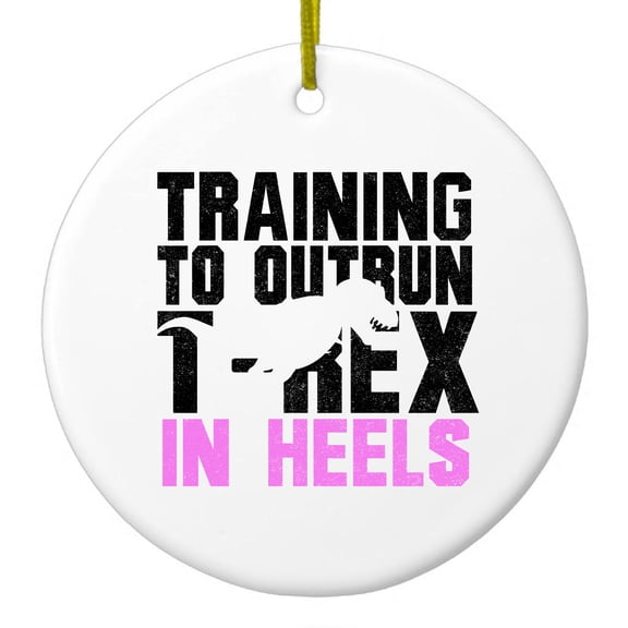 DistinctInk Hanging Ceramic Christmas Ornament - Training to Outrun T-Rex in Heels - Gold String, 2-3/4 inch Diameter
