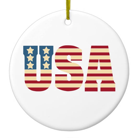 DistinctInk Hanging Ceramic Christmas Ornament - USA Letter Art Flag Red White & Blue - Gold String, 2-3/4 inch Diameter