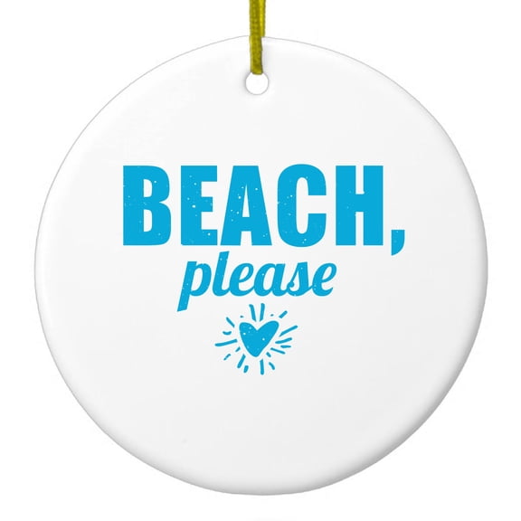 DistinctInk Hanging Ceramic Christmas Ornament - Beach, Please - Gold String, 2-3/4 inch Diameter