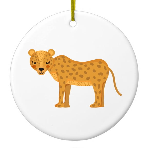 DistinctInk Hanging Ceramic Christmas Ornament - Cartoon Cheetah Leopard - Gold String, 2-3/4 inch Diameter