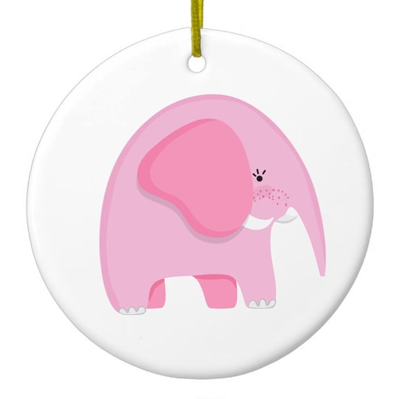 DistinctInk Hanging Ceramic Christmass Tree Ornament with Gold String - Great Gift / Present - 2 3/4 inch diameter - Cute Cartoon Elephant - Pink