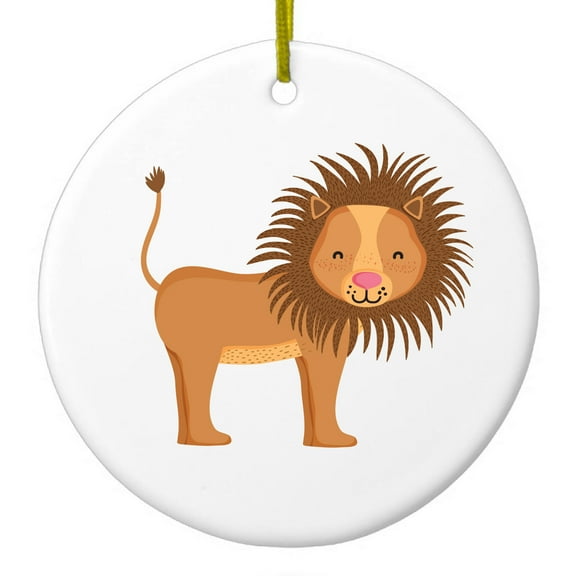 DistinctInk Hanging Ceramic Christmas Ornament - Cute Cartoon Lion - Gold String, 2-3/4 inch Diameter
