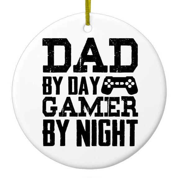 DistinctInk Hanging Ceramic Christmass Tree Ornament with Gold String - Great Gift / Present - 2 3/4 inch diameter - Dad By Day Gamer By Night