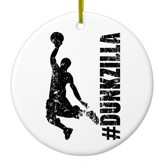 DistinctInk Hanging Ceramic Christmas Ornament - #Dunkzilla Dunk Basketball - Gold String, 2-3/4 inch Diameter