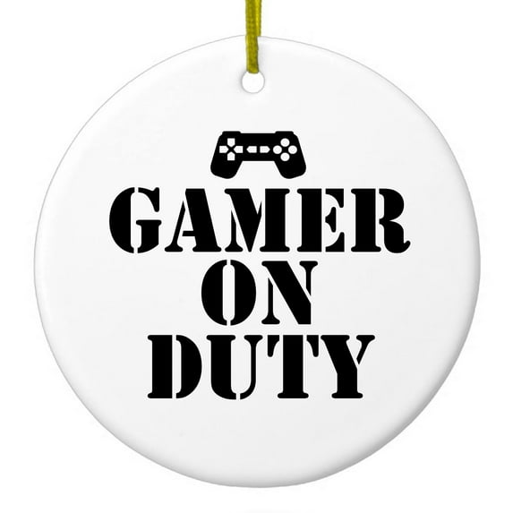 DistinctInk Hanging Ceramic Christmas Ornament - Gamer on Duty Video Games - Gold String, 2-3/4 inch Diameter