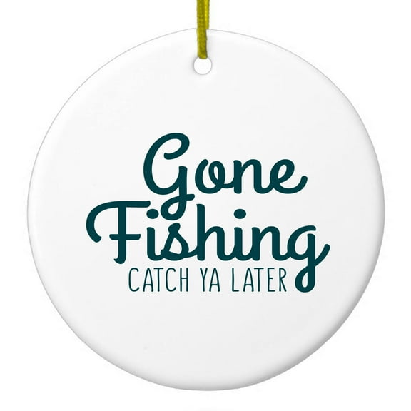 DistinctInk Hanging Ceramic Christmas Ornament - Gone Fishing Catch Ya Later - Gold String, 2-3/4 inch Diameter