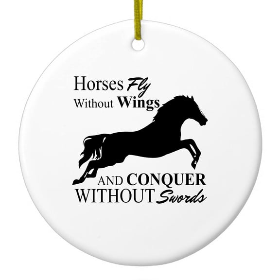 DistinctInk Hanging Ceramic Christmas Ornament - Horses Fly Without Wings - Gold String, 2-3/4 inch Diameter
