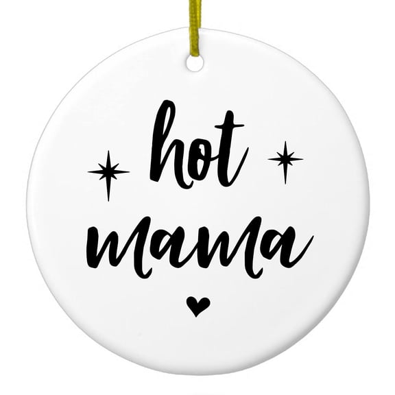 DistinctInk Hanging Ceramic Christmass Tree Ornament with Gold String - Great Gift / Present - 2 3/4 inch diameter - Hot Mama - Stars, Heart