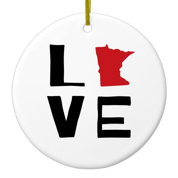 DistinctInk Hanging Ceramic Christmass Tree Ornament with Gold String - Great Gift / Present - 2 3/4 inch diameter - Minnesota - Love Black & Red