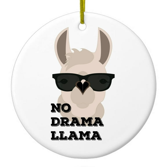 DistinctInk Hanging Ceramic Christmas Ornament - No Drama Llama Cartoon - Gold String, 2-3/4 inch Diameter