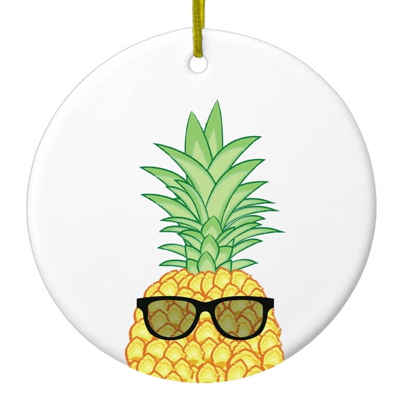 DistinctInk Hanging Ceramic Christmas Ornament - Pineapple Top with Shades - Gold String, 2-3/4 inch Diameter