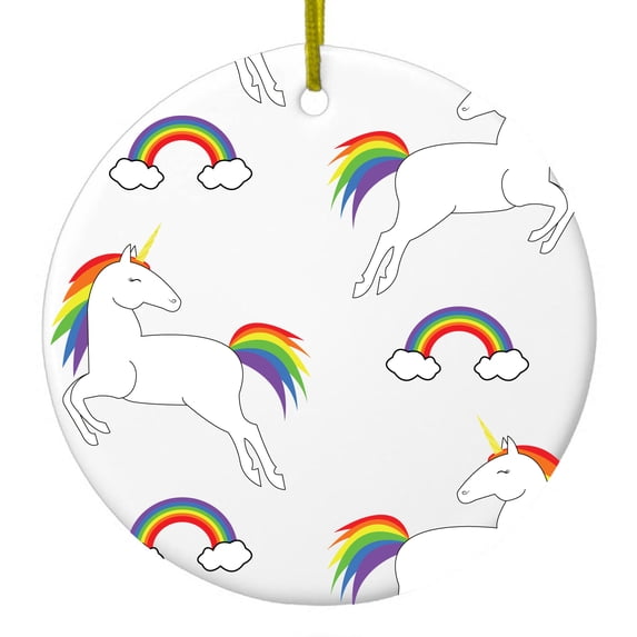 DistinctInk Hanging Ceramic Christmas Ornament - Rainbows & Unicorns - Gold String, 2-3/4 inch Diameter