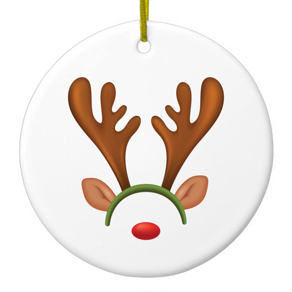 DistinctInk Hanging Ceramic Christmas Ornament - Reindeer Face Christmas - Gold String, 2-3/4 inch Diameter