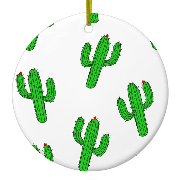 DistinctInk Hanging Ceramic Christmas Ornament - Repeating Cartoon Cactus - Gold String, 2-3/4 inch Diameter