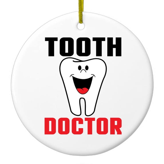DistinctInk Hanging Ceramic Christmas Ornament - Tooth Doctor Dentist - Gold String, 2-3/4 inch Diameter